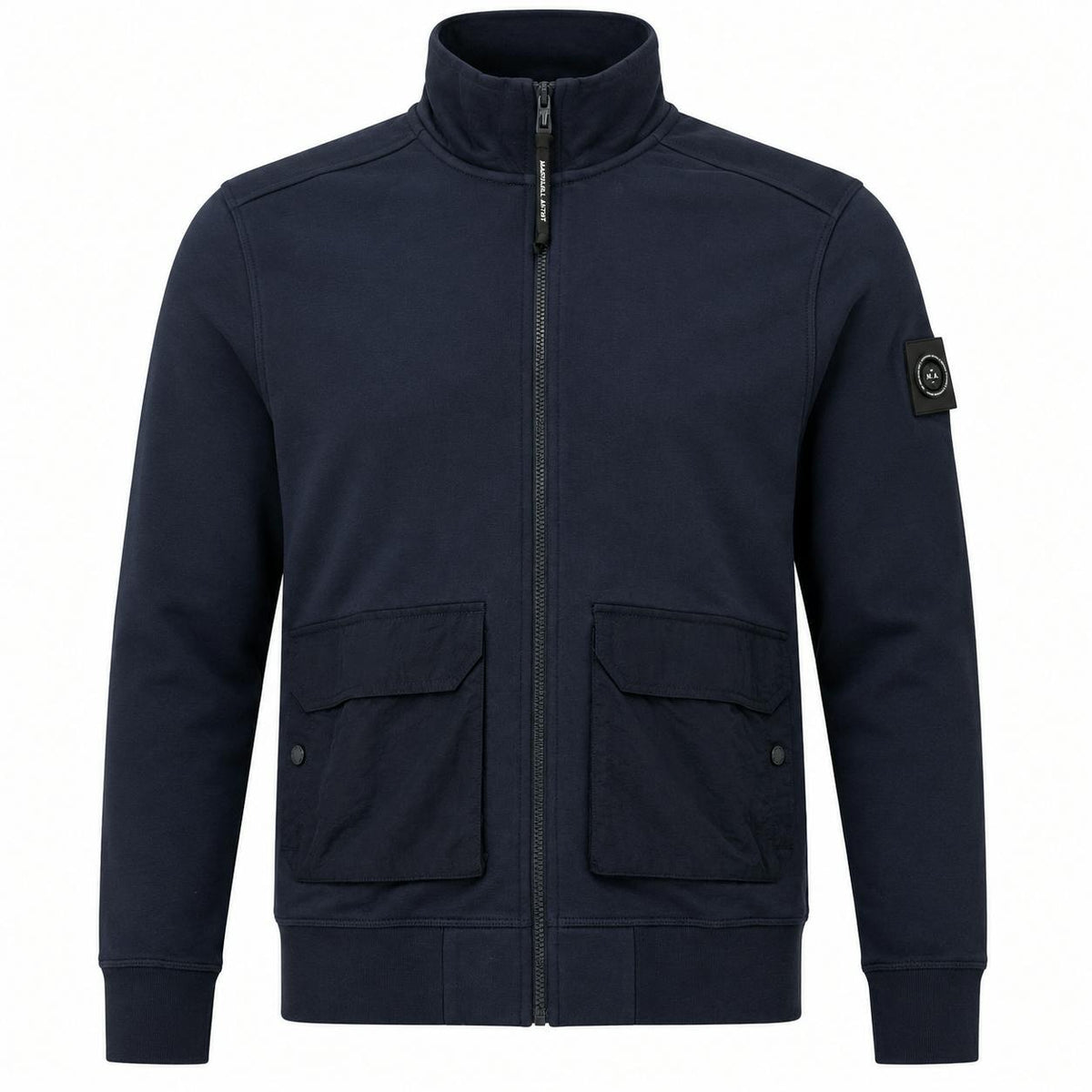 Marshall Artist Streatham navy full zip sweatshirt jumper with a high collar and ribbed cuffs, casual and comfortable fit.