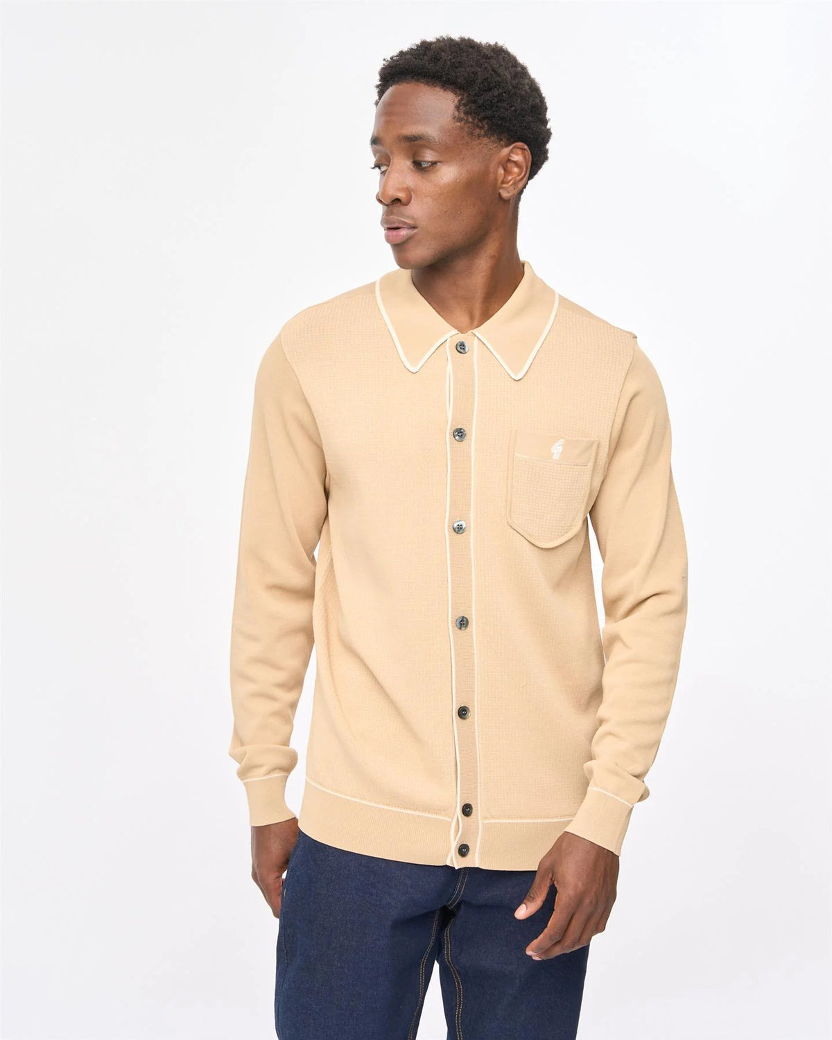 Gabicci Vintage Archive Di Lello Long Sleeve Knitted Polo Shirt in Caramel
