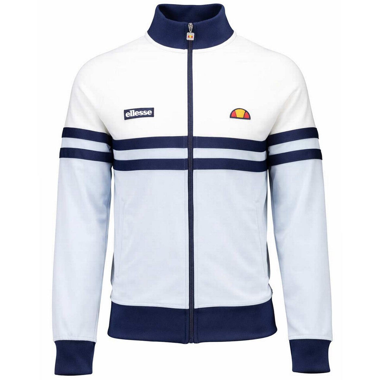 Ellesse Rimini retro track top in off white and light blue, shown from the front with a sporty design and brand logo.