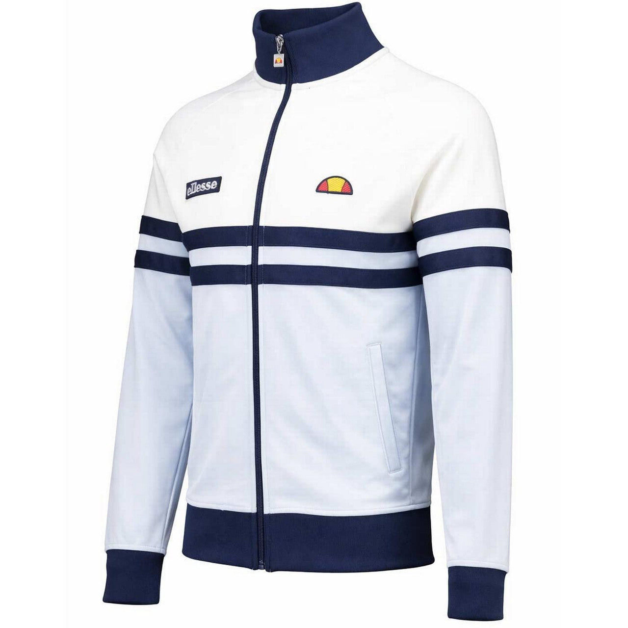 Ellesse Rimini retro track top in off-white and light blue, shown from the side view with sporty design and brand logo.
