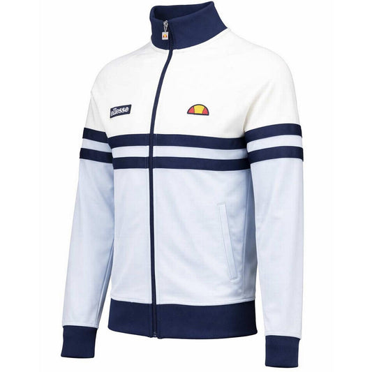 Ellesse Rimini retro track top in off-white and light blue, shown from the side view with sporty design and brand logo.
