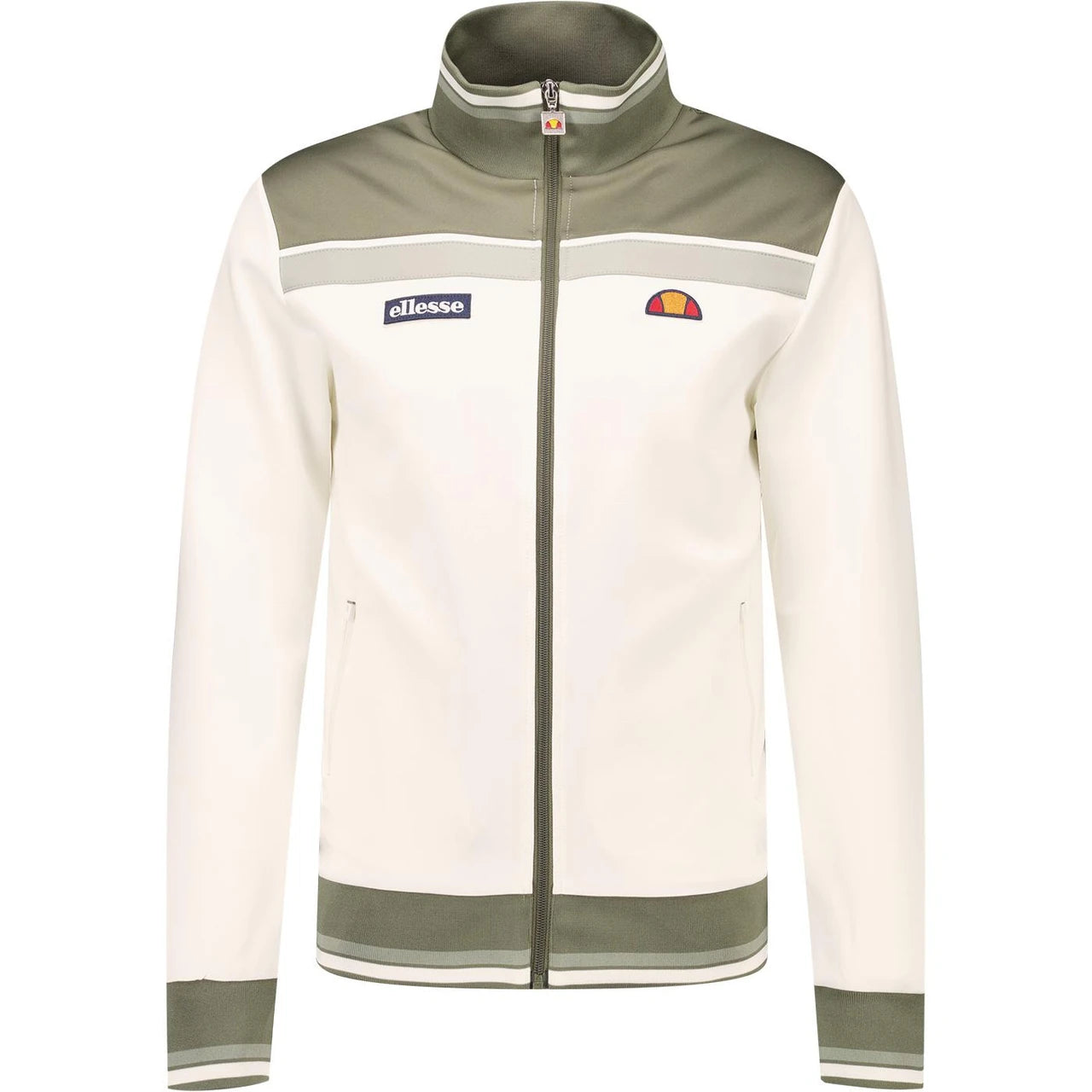 Ellesse Vignola track top in off-white and khaki, featuring a front view with a sporty design and ribbed cuffs.