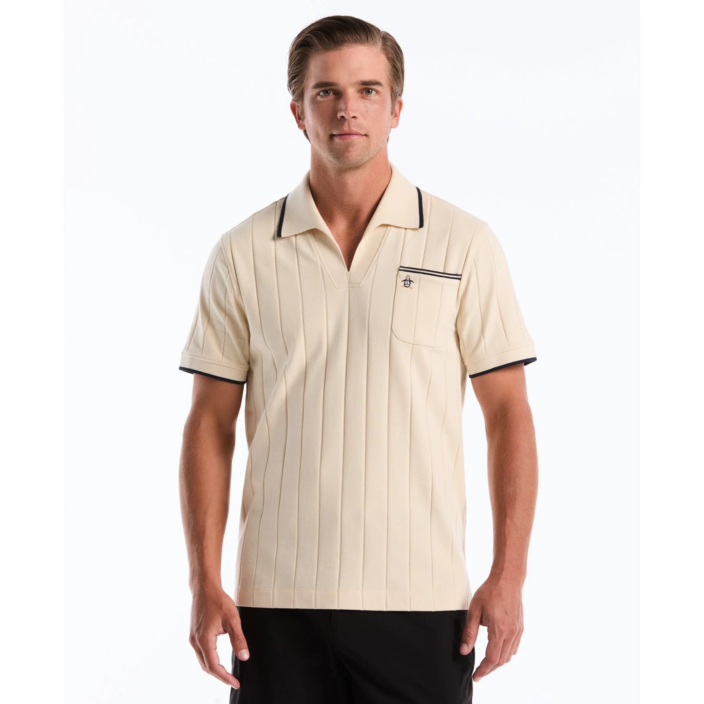 Original Penguin ribbed polo shirt with open collar in Birch color, featuring a classic fit and textured fabric design.