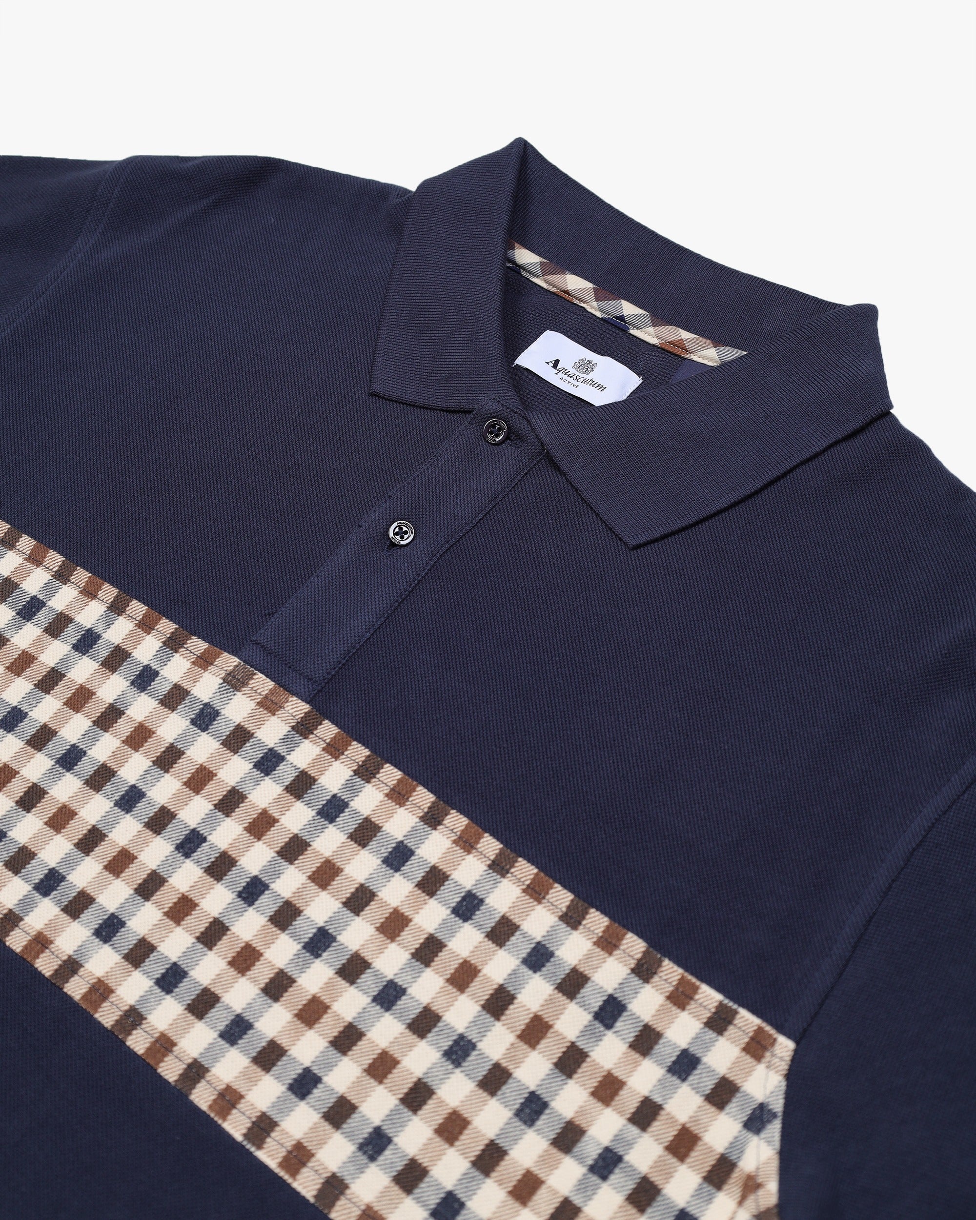 Aquascutum Active Club Check Stripe Long Sleeve Polo Navy