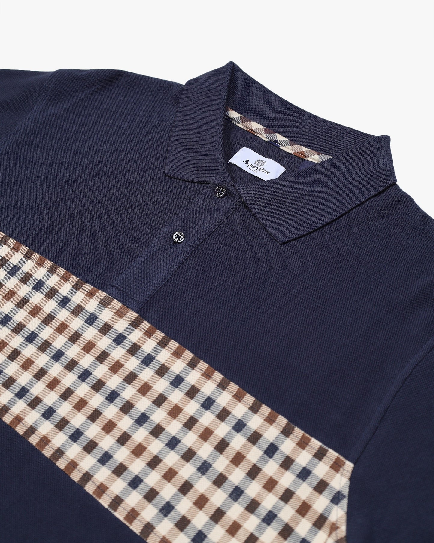 Aquascutum Active Club Check Stripe Long Sleeve Polo Navy