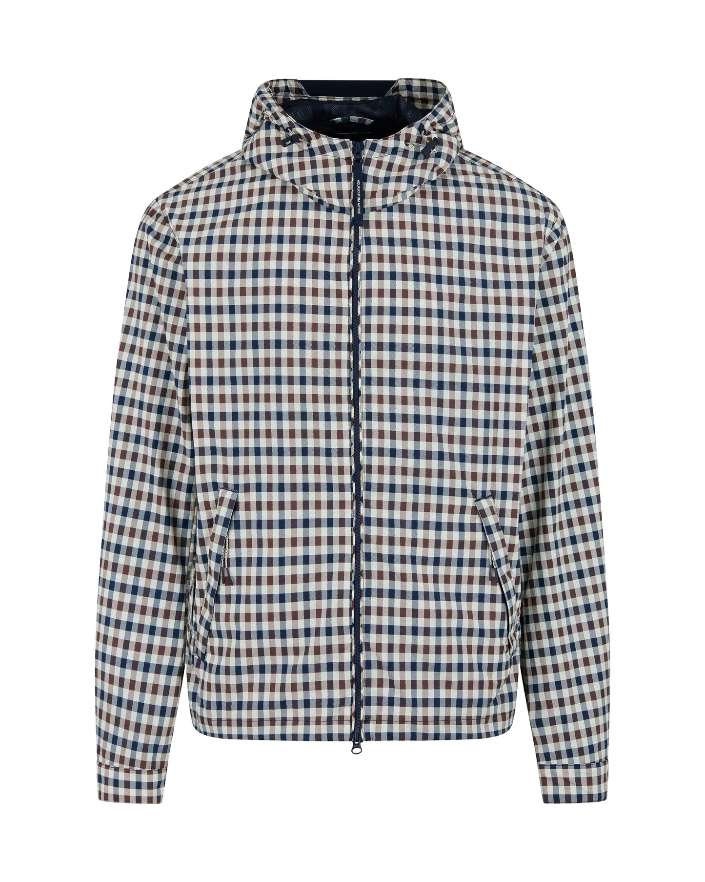 Aquascutum Lamina hooded jacket with classic club check pattern, lightweight fabric, and adjustable hood for casual wear.