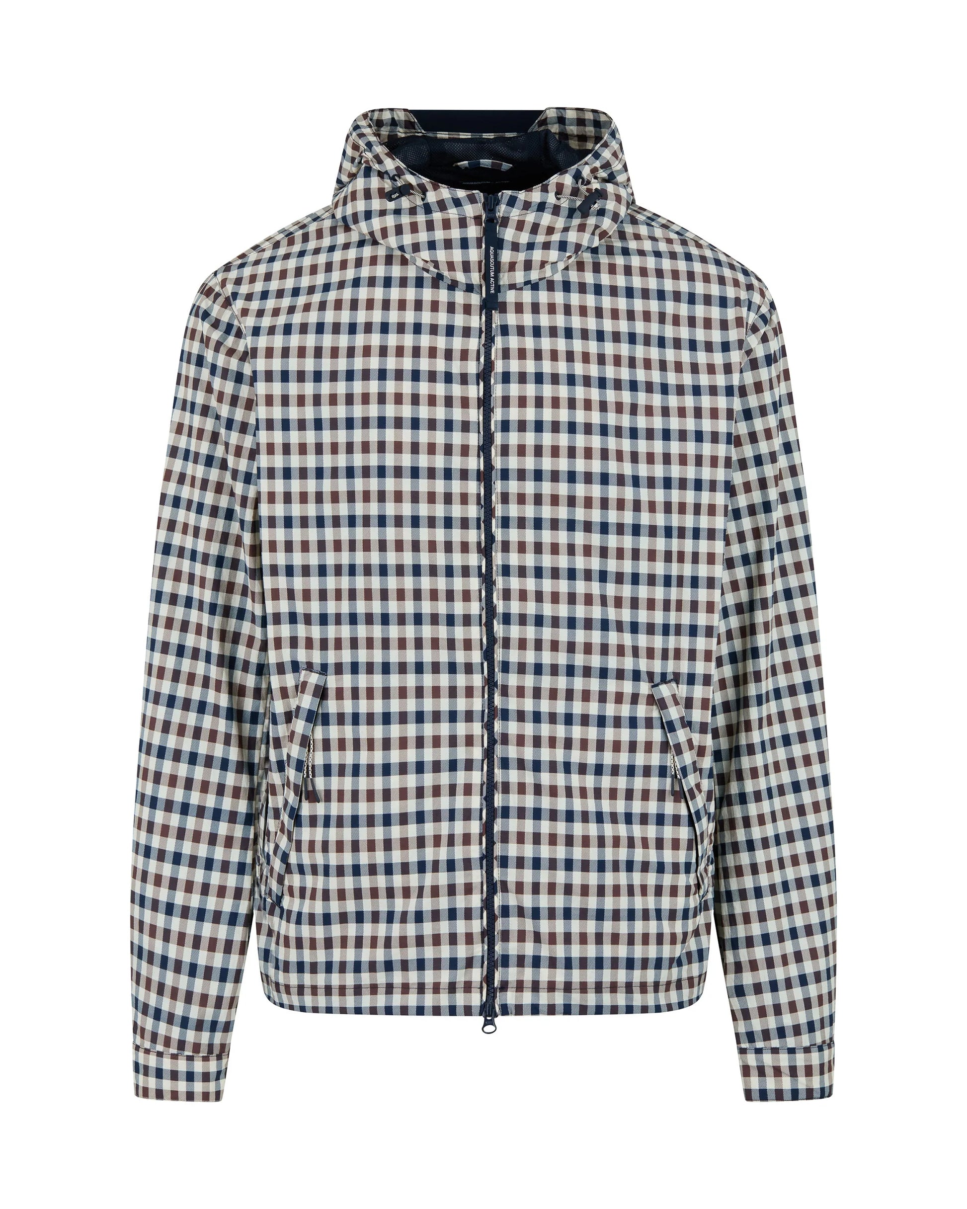 Aquascutum Lamina hooded jacket with classic club check pattern, lightweight fabric, and adjustable hood for casual wear.