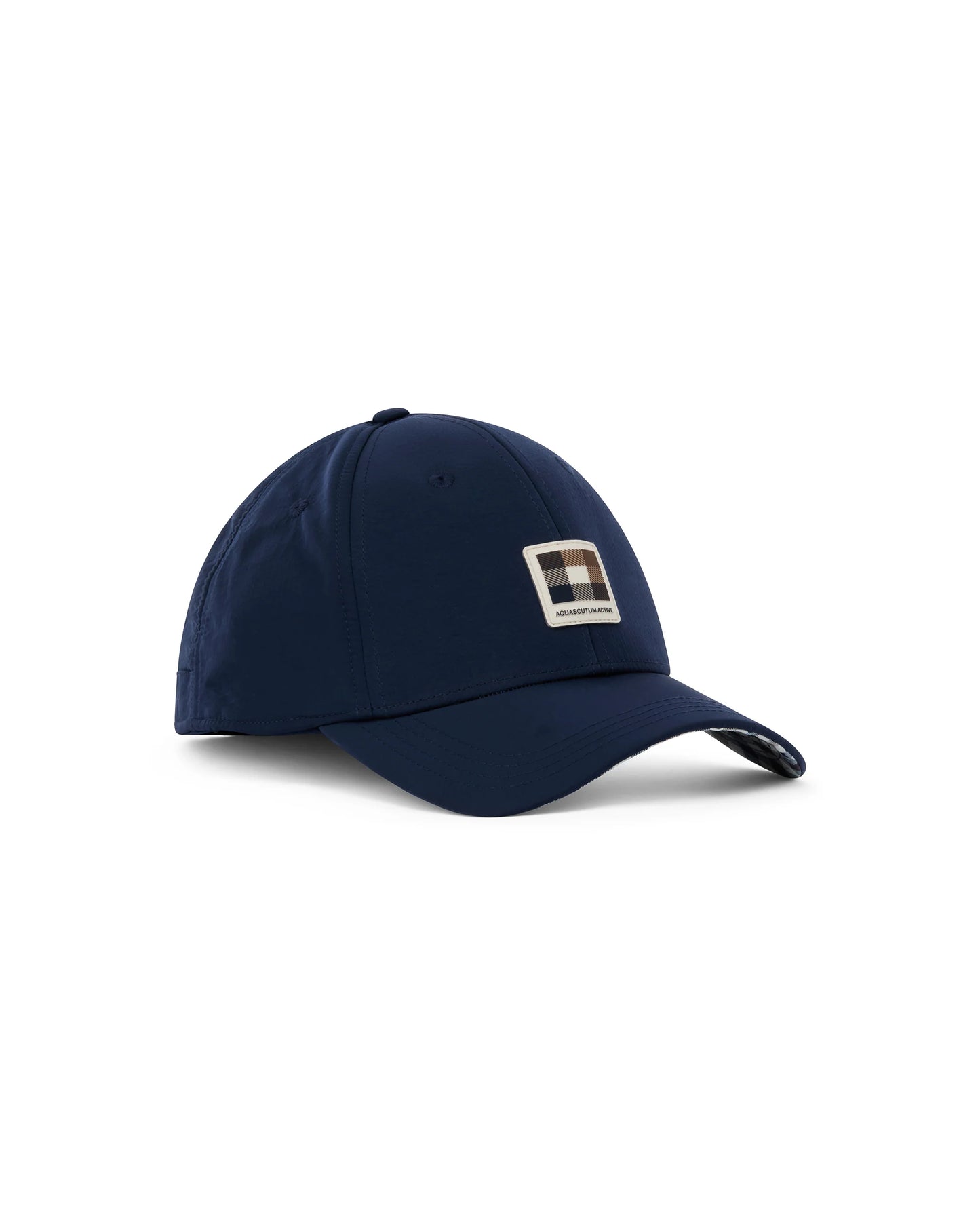 Aquascutum Lamina Badge navy baseball cap with adjustable strap and embroidered brand logo on front.