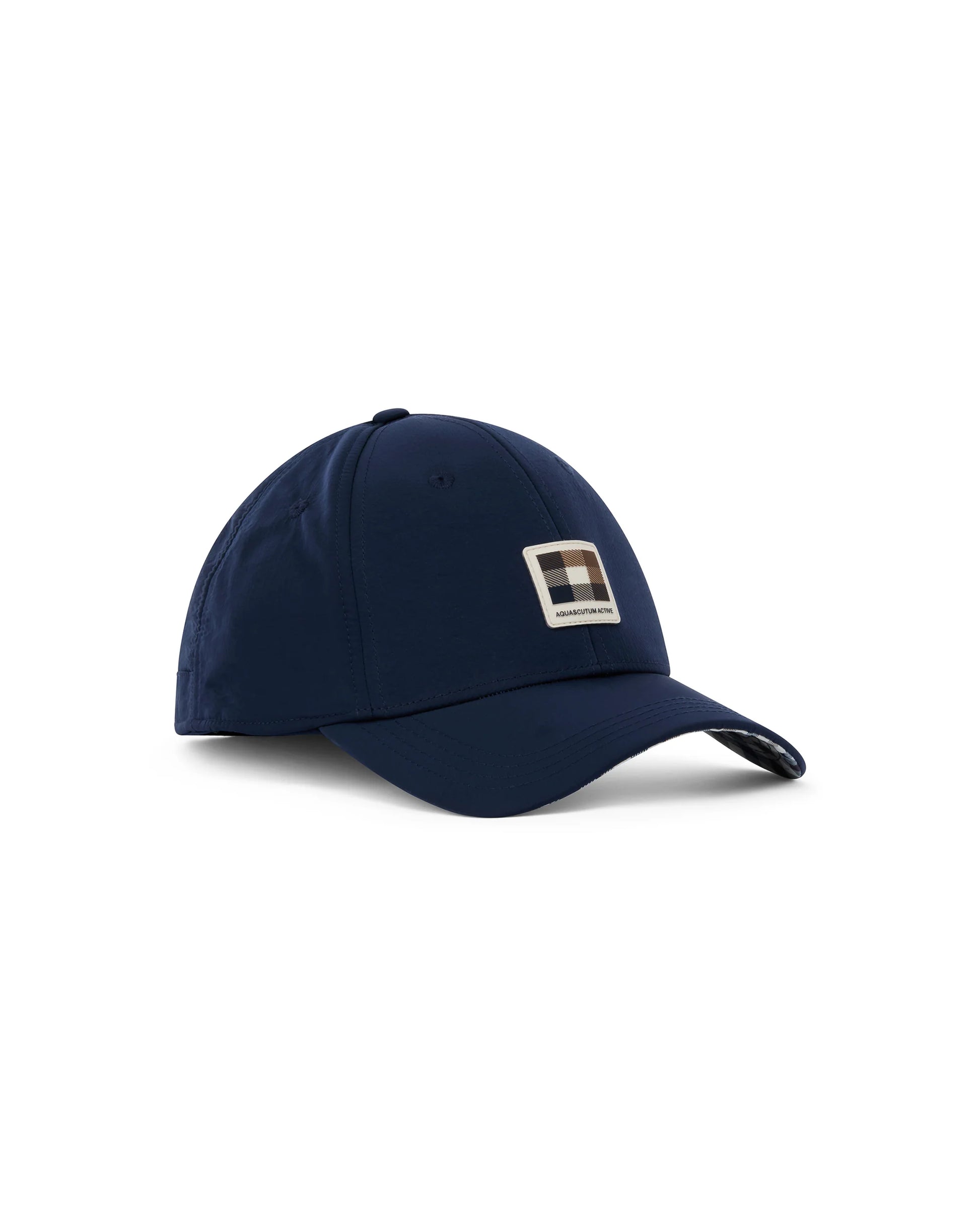 Aquascutum Lamina Badge navy baseball cap with adjustable strap and embroidered brand logo on front.