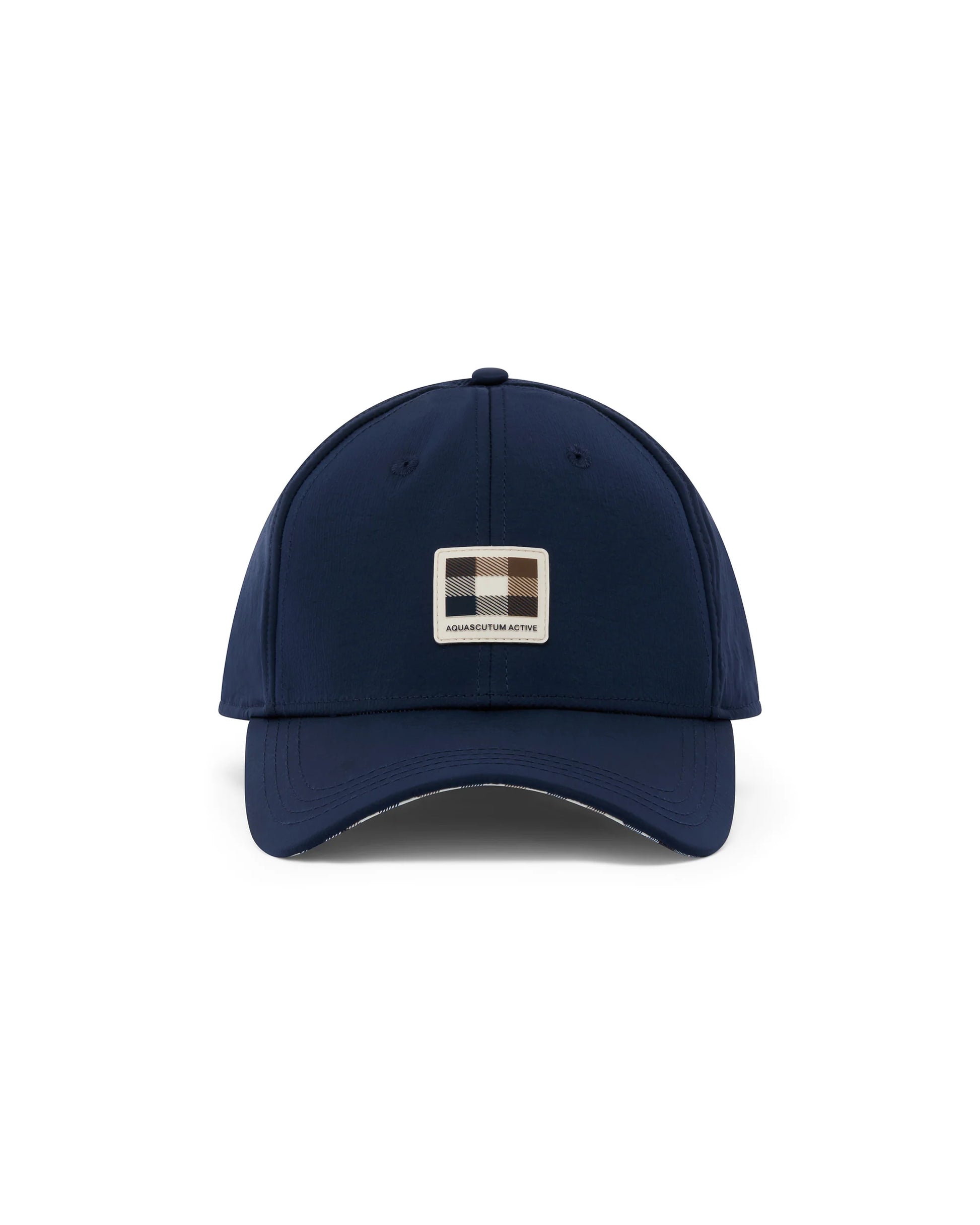 Aquascutum Lamina Badge Navy baseball cap with embroidered brand logo, adjustable strap, and classic sporty style.