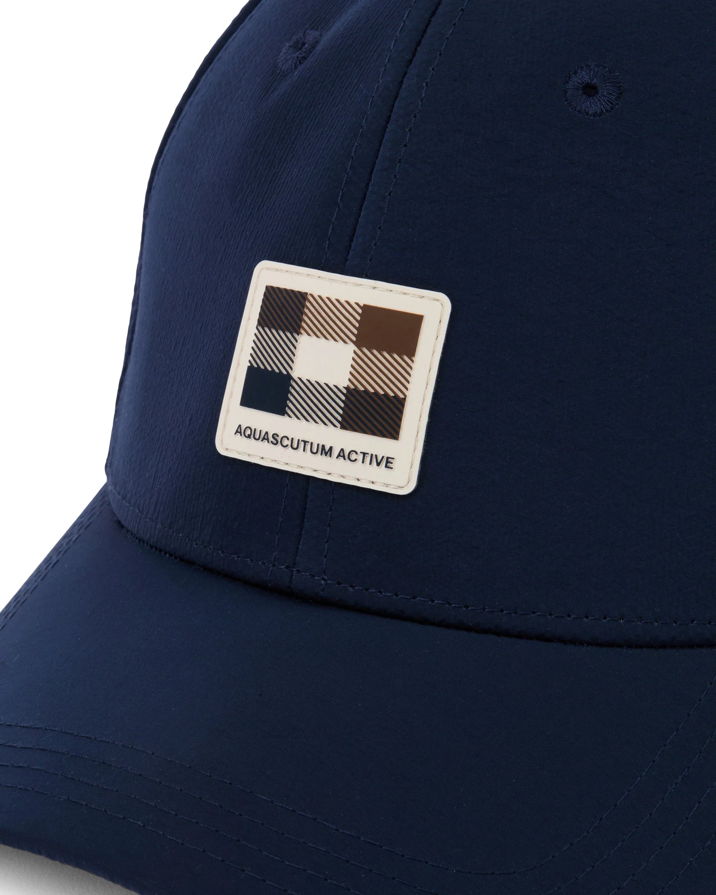 Navy Aquascutum Lamina Badge baseball cap with adjustable strap and embroidered logo on front, casual outdoor accessory.