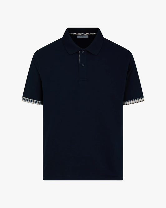 Aquascutum Club Check Stretch Piquet Sleeves Polo Navy - RD1 Clothing