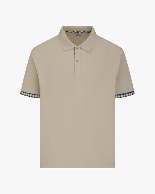 Aquascutum Club Check Stretch Piquet Sleeves Polo Beige - RD1 Clothing