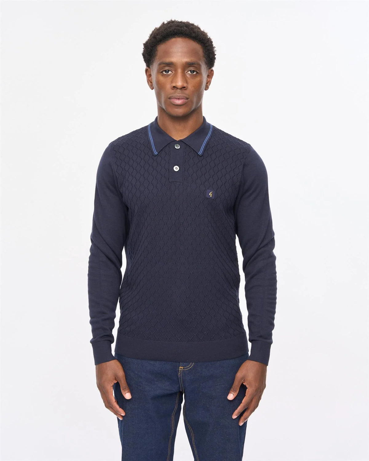 Gabicci Vintage Cambridge Knitted Long Sleeve Polo Navy