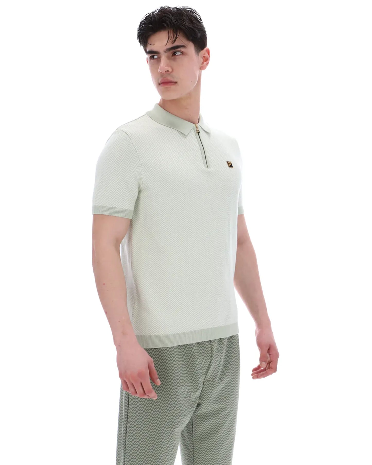 Fila Gold Marty Zip Polo Shirt in sea foam, featuring a classic knit design and a zip collar, styled for casual wear.