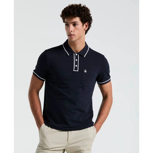 Original Penguin Earl Pique Polo Shirt in dark sapphire, close-up of navy blue cotton polo with collar and button placket.