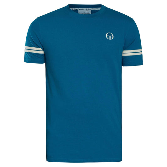 Sergio Tacchini Grello crew neck T-shirt in Mykonos Blue and white, casual fit with soft cotton fabric.
