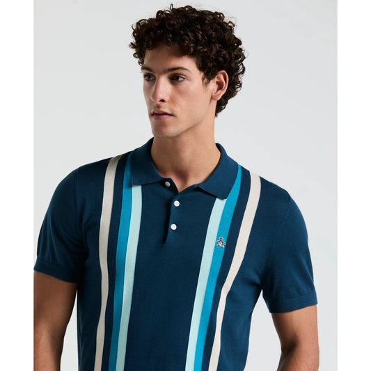 Original Penguin Vertical Stripe Sweater Polo Shirt In Blue Wing Teal