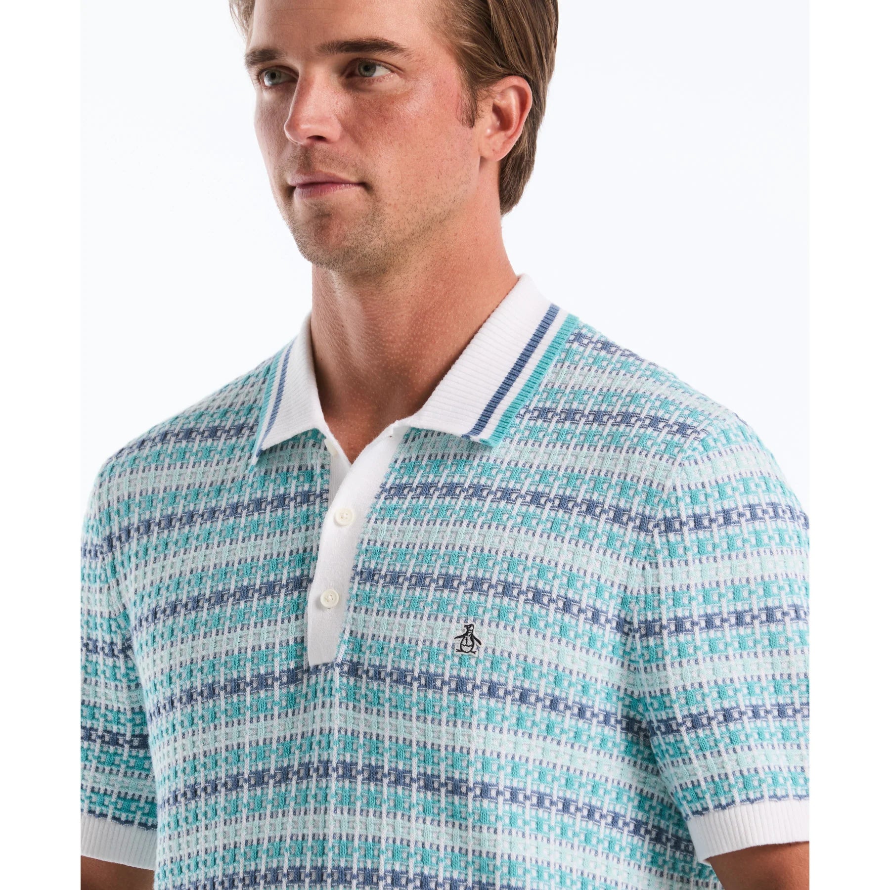 Original Penguin white textured jacquard polo shirt, classic fit, detailed fabric pattern on a clean, bright white background.