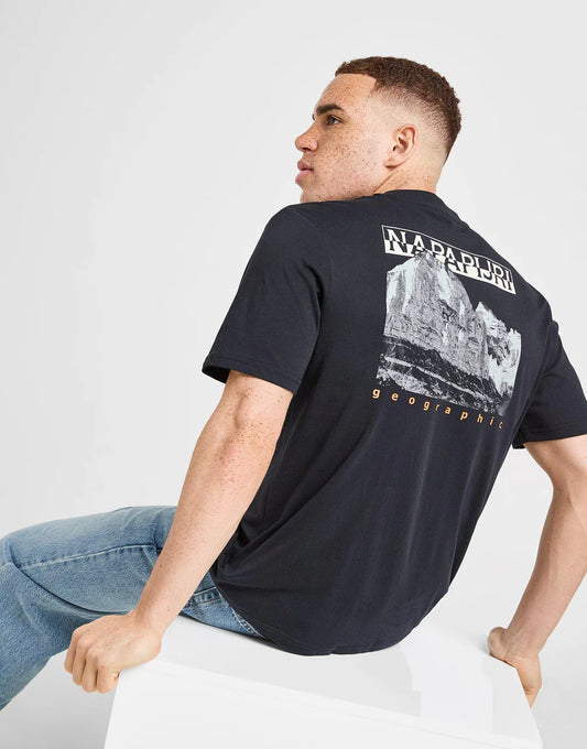 Black Napapijri Mirada Back Graphic T-Shirt with bold logo design on the back, casual men's apparel.