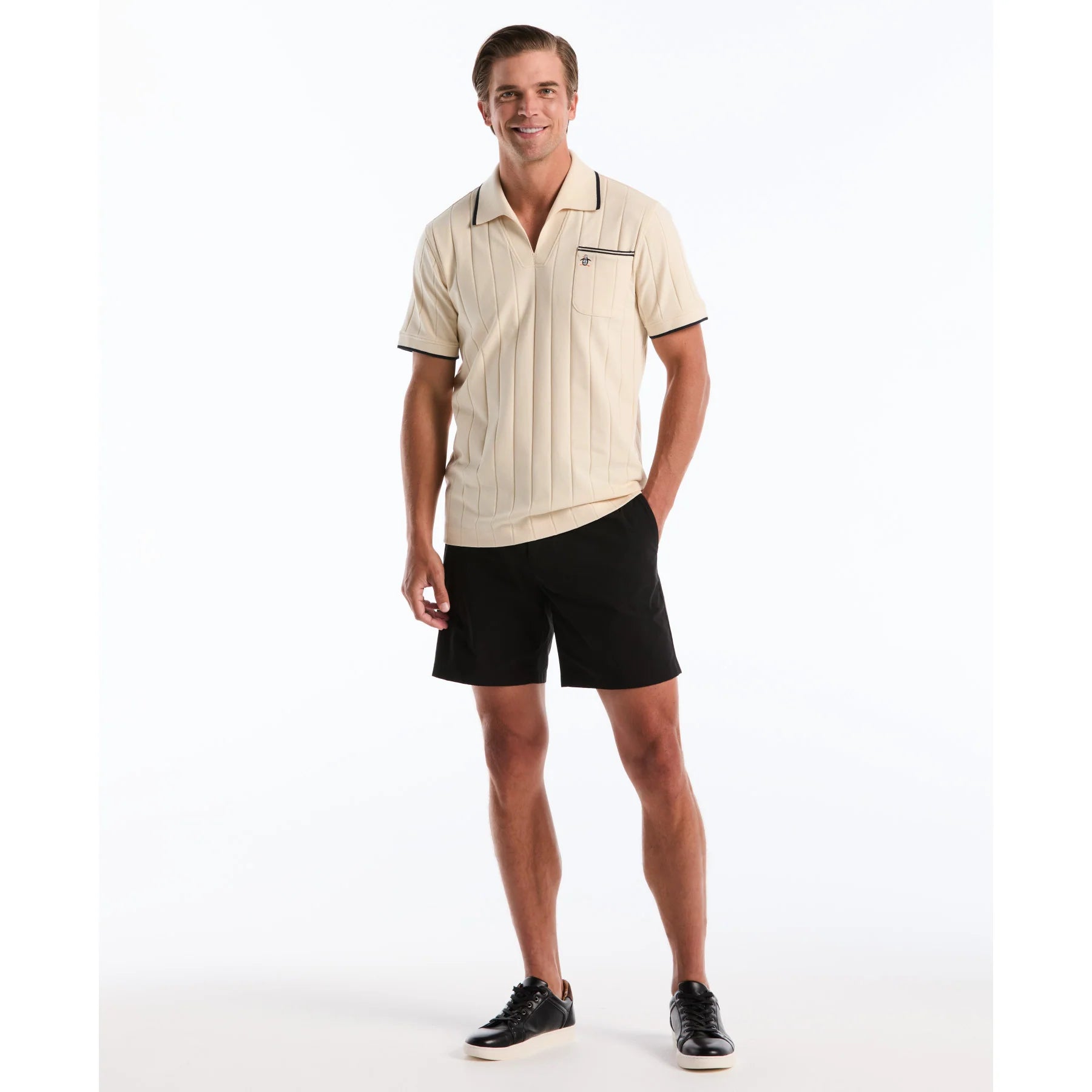 Original Penguin Icons open collar ribbed polo shirt in Birch, featuring a classic collar and textured knit fabric.