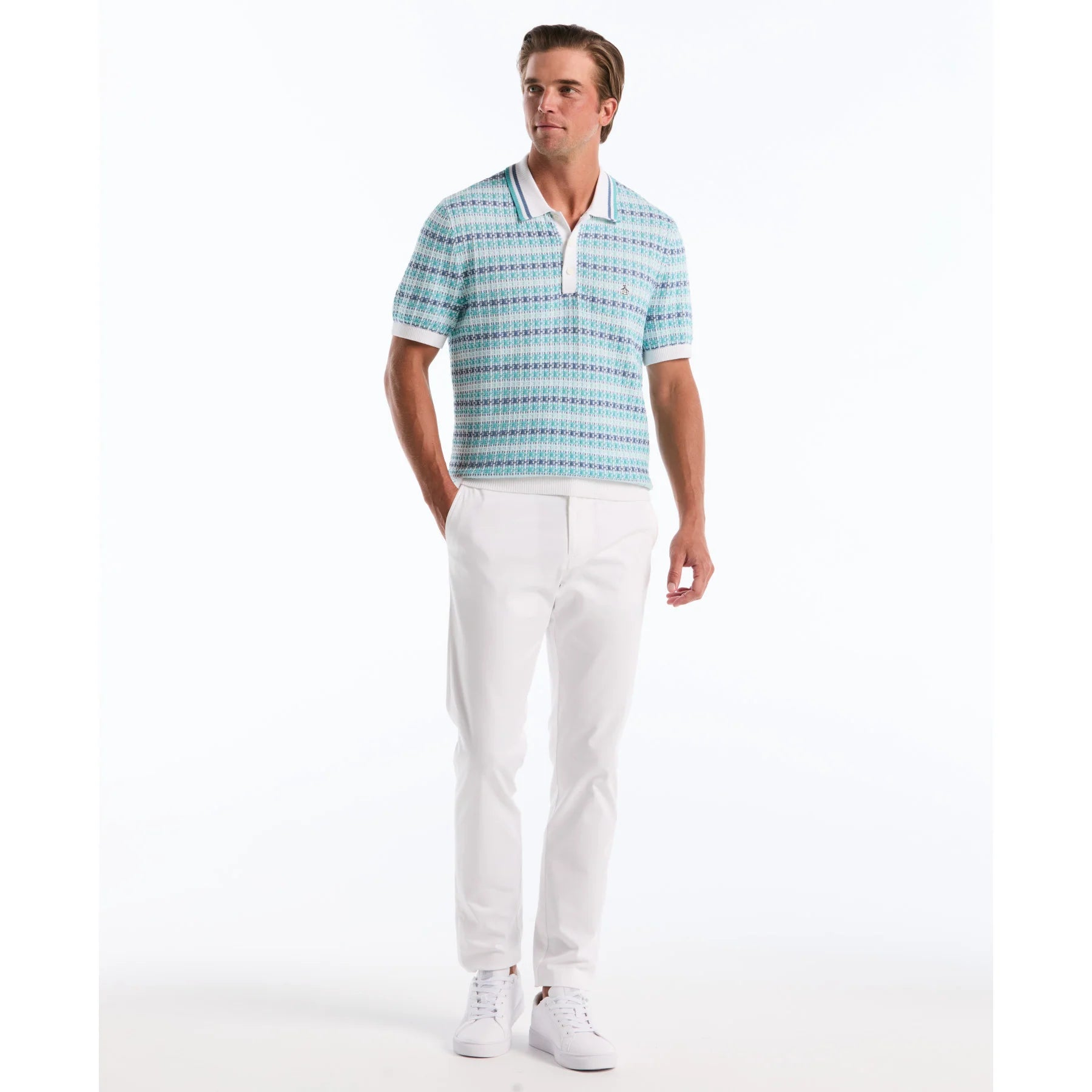Original Penguin white textured jacquard polo shirt, classic fit with collar and button placket, casual men's polo.