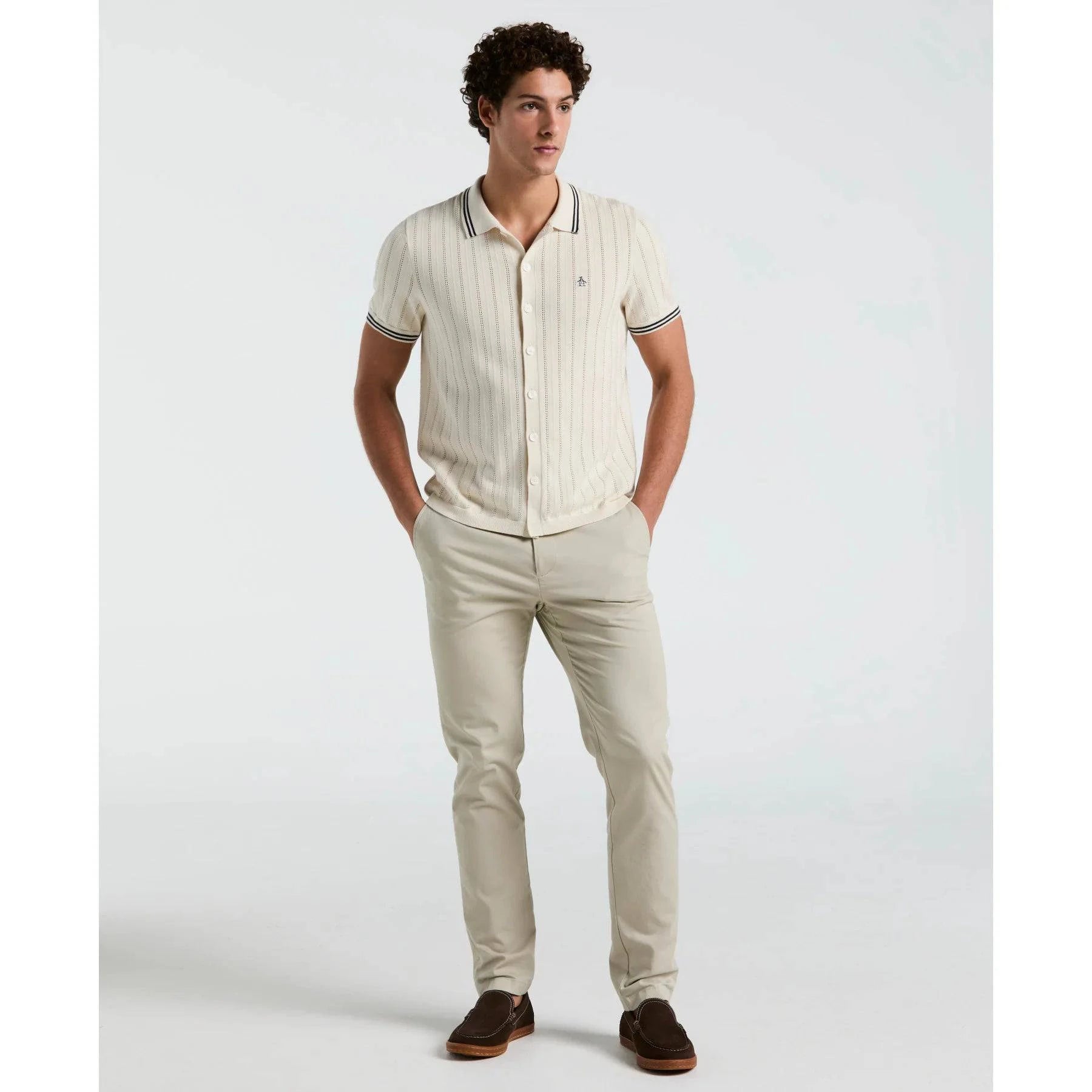 Original Penguin Drop Needle Button Front Sweater Polo Shirt In Birch - RD1 Clothing