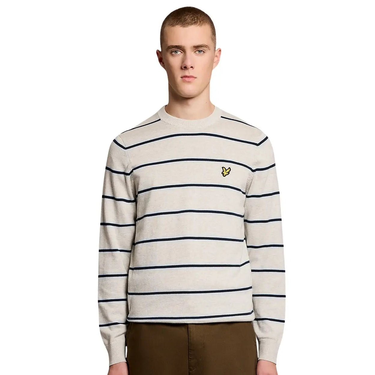 Lyle & Scott Cotton Striped Crew Neck Jumper Light Grey Marl - RD1 Clothing