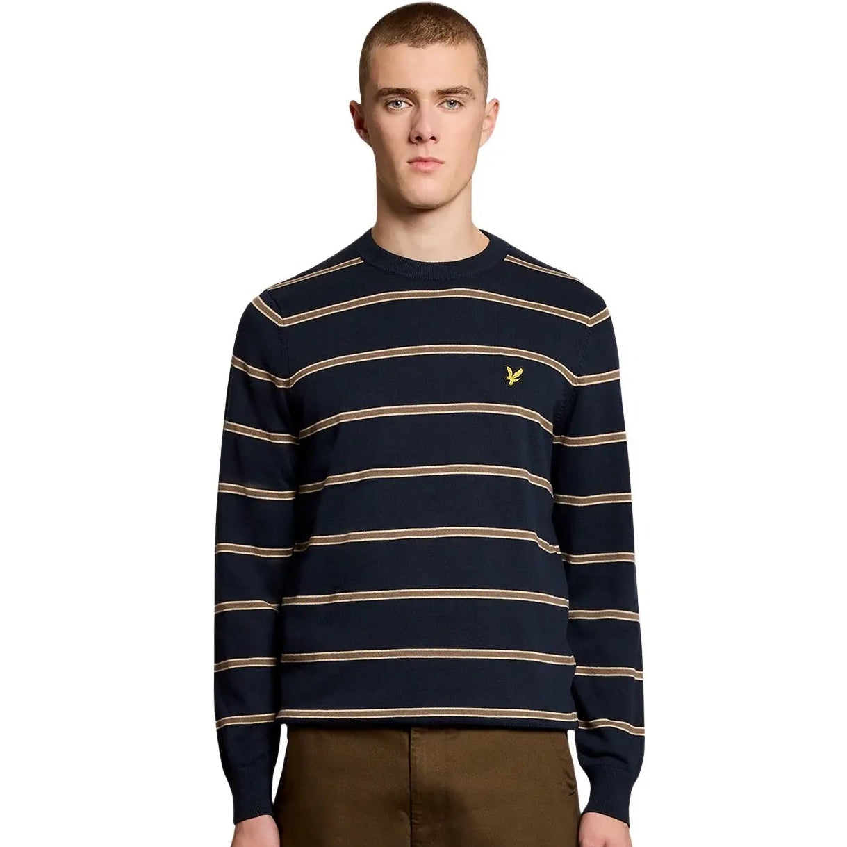 Navy Lyle & Scott cotton striped crew neck jumper, featuring classic design and ribbed cuffs, displayed on a neutral background.