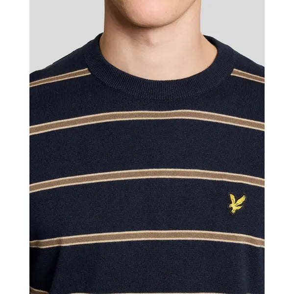Lyle & Scott navy cotton striped crew neck jumper with ribbed cuffs and neckline, featuring the iconic eagle logo.