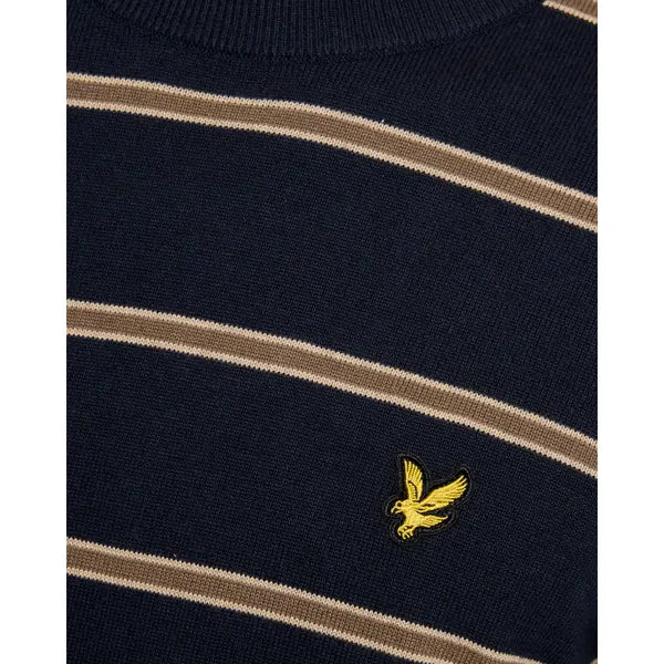Lyle & Scott navy cotton striped crew neck jumper with ribbed collar and cuffs, featuring the brand's iconic eagle logo.