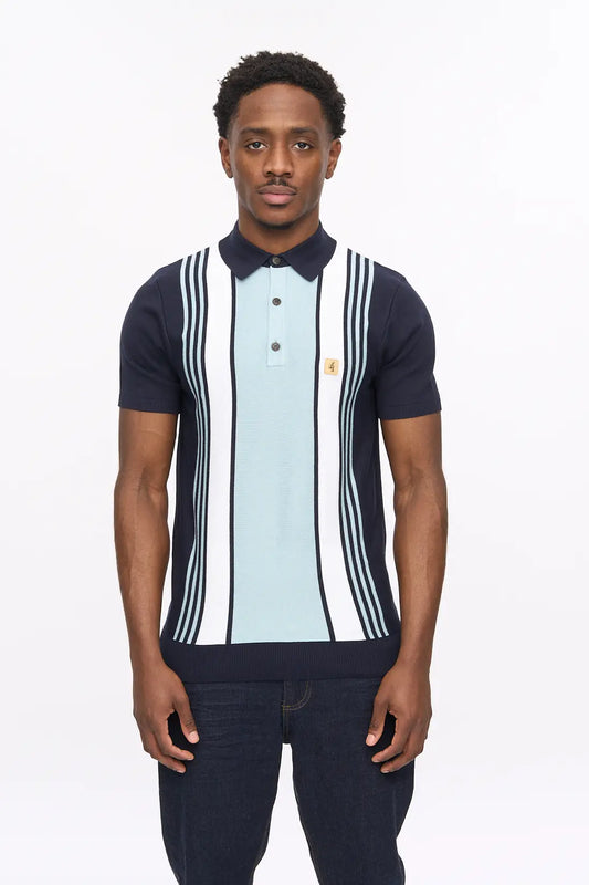 Navy Gabicci Vintage Searle stripe knitted polo shirt in XL, featuring a classic knitwear design and striped pattern.