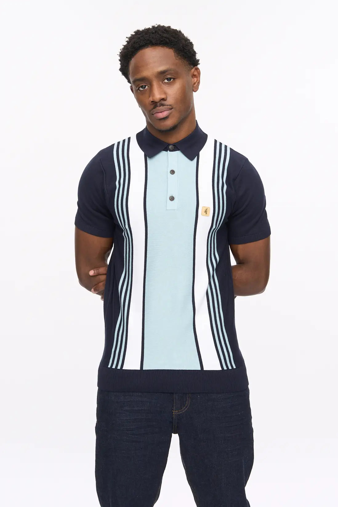 Gabicci Vintage Searle stripe navy knitted polo shirt, close-up of the blue wool knitwear with white and red stripes, men's casual style.