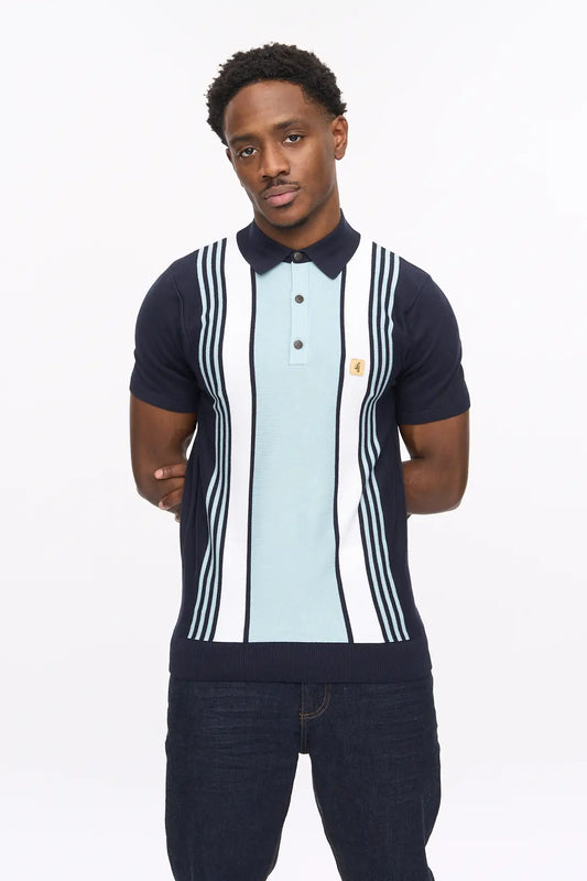 Gabicci Vintage Searle stripe navy knitted polo shirt, close-up of the blue wool knitwear with white and red stripes, men's casual style.