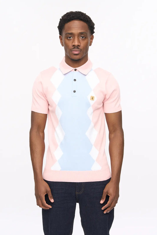 Pink Gabicci Vintage Bond knitted polo shirt in XL size, showcasing a close-up of the textured knit fabric.
