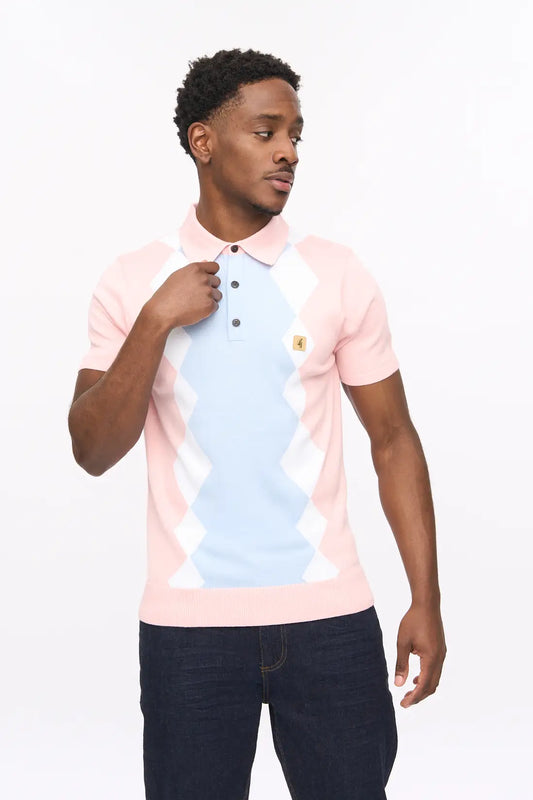 Pink Gabicci Vintage Bond knitted polo shirt in size XL, showing close-up of textured knit fabric and collar detail.