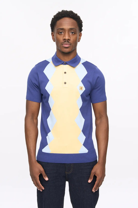Blue Gabicci Vintage Bond knitted polo shirt in XL, showcasing a classic knitwear design with a collared neckline and textured fabric.