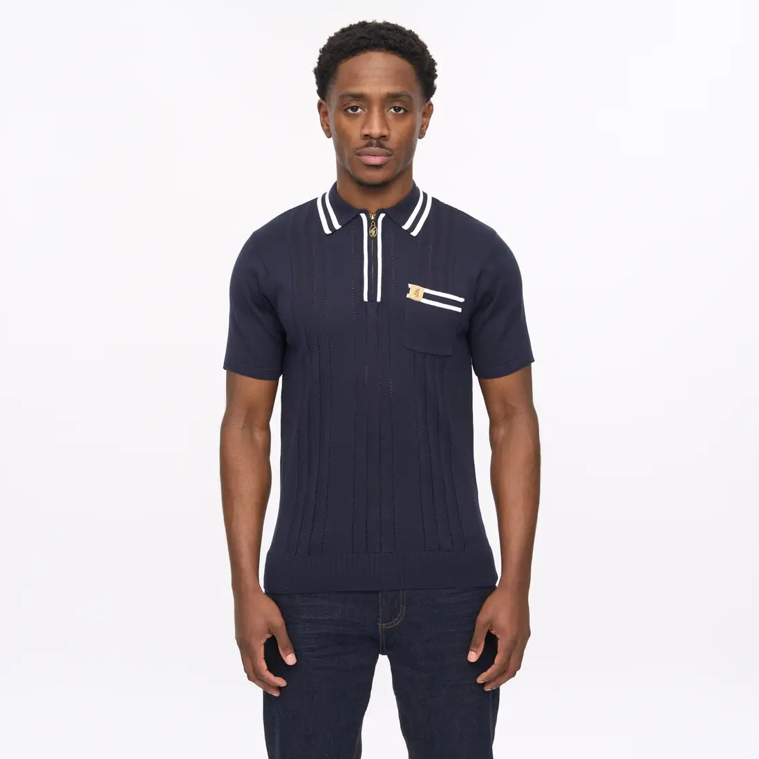 Gabicci Vintage navy knitted zip polo shirt, men's vintage knitwear with collar and zipper detail, XL size.
