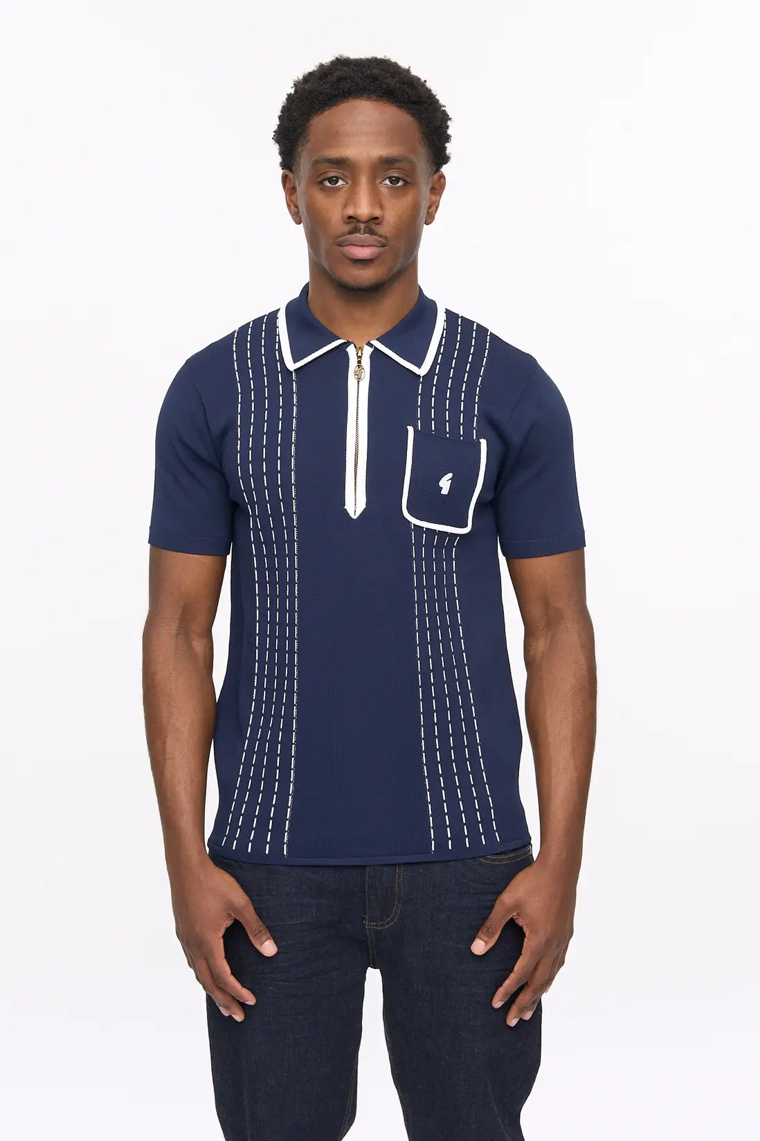 Navy Gabicci Vintage Darron knitted polo shirt, men's knitwear with a classic collar and textured knit pattern.