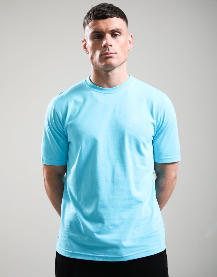 Marshall Artist Delta T-Shirt in cyan with logo design, casual fit, soft cotton fabric, and short sleeves.