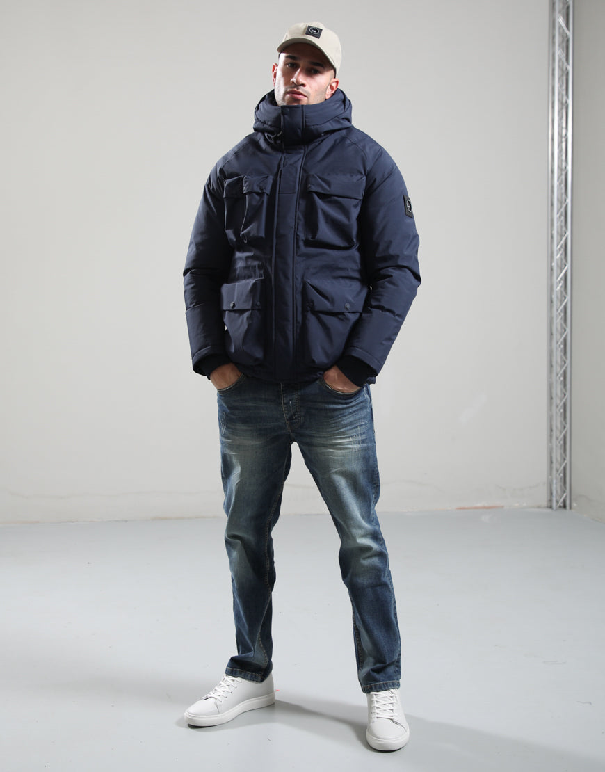 Marshall Artist Hawksley parka jacket in navy blue, front view
