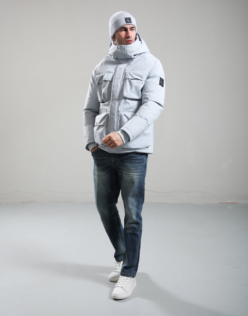 Marshall Artist Hawksley parka jacket in wolf grey, front view with hood and multiple pockets