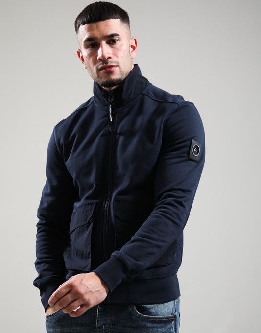Marshall Artist Streatham navy full zip sweatshirt, a casual jumper with a front zipper and ribbed cuffs, displayed on a plain background.