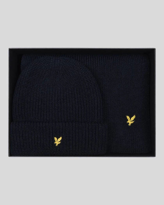 Lyle & Scott Lambswool Ribbed Beanie & Scarf Set in Dark Navy - RD1 Clothing