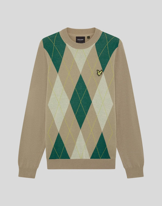 Lyle & Scott Archive Argyle Crew Neck Jumper Desert Taupe