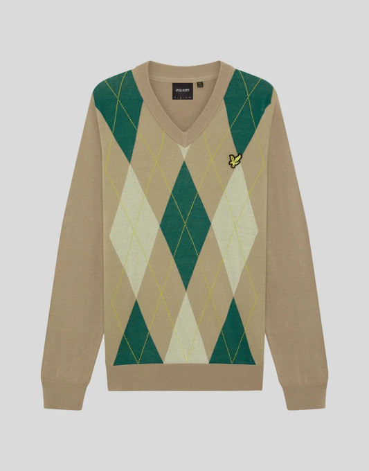 Lyle & Scott Argyle Knitted V-Neck Jumper Camel Taupe