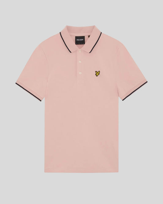Lyle & Scott men's pink grapefruit and dark navy tipped polo shirt, classic fit with collar and short sleeves.