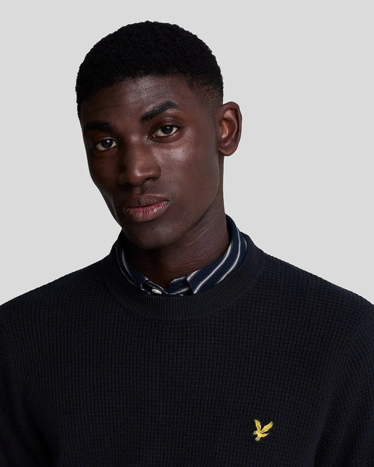 Lyle & Scott Grid Knit Crewneck Jumper In Dark Navy