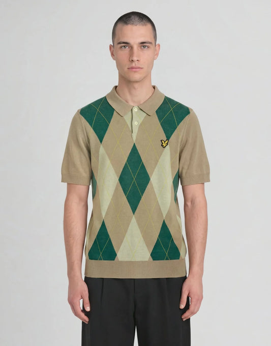 Lyle & Scott Archive Argyle Knitted Polo Shirt Desert Taupe