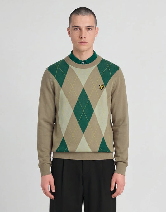 Lyle & Scott Archive Argyle Crew Neck Jumper Desert Taupe